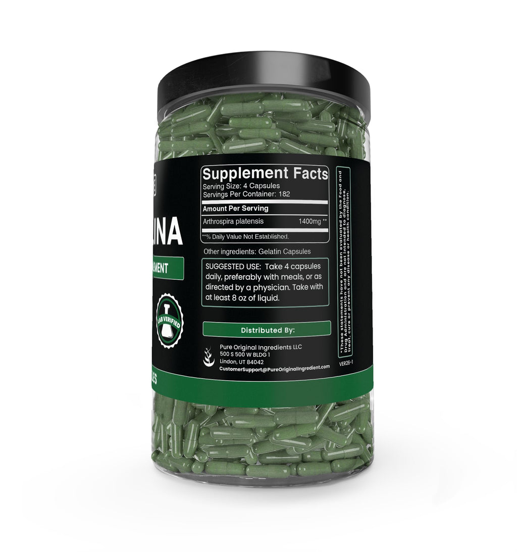 PURE ORIGINAL INGREDIENTS Spirulina (730 Capsules) No Magnesium Or Rice Fillers, Always Pure, Lab Verified