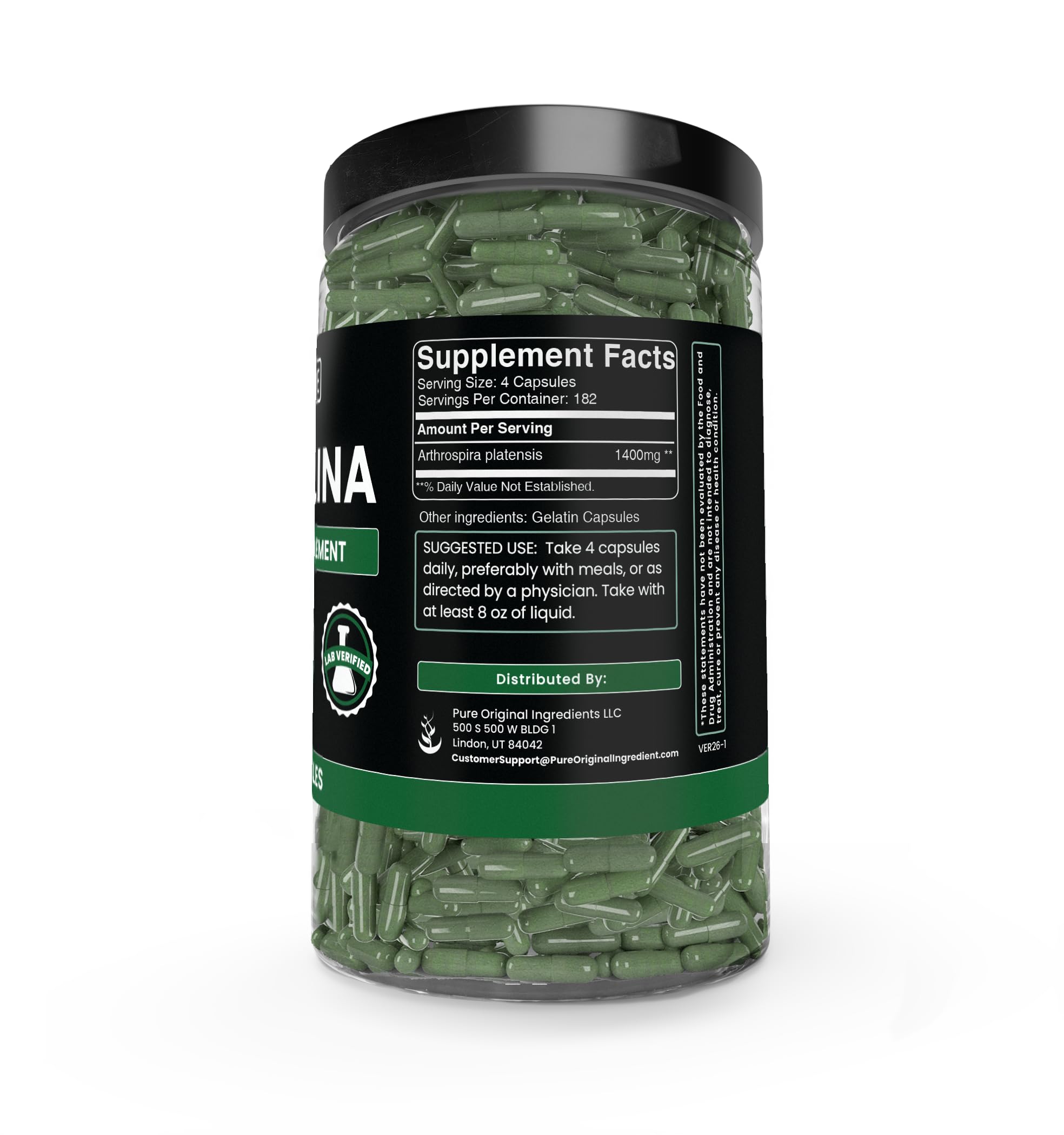 PURE ORIGINAL INGREDIENTS Spirulina (730 Capsules) No Magnesium Or Rice Fillers, Always Pure, Lab Verified