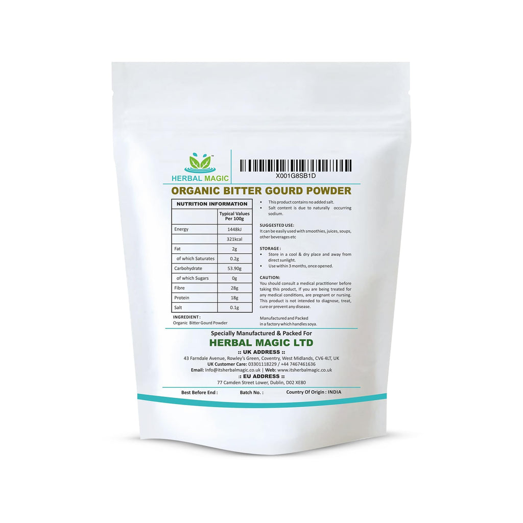 Herbal Magic's Organic Bitter Gourd Powder-Great Green Vegetable-Also Known as Karela, Bitter Melon,Balsam-pear. Free from Fillers & Preservatives- of&G UK Organic Certified 1x200g Pack