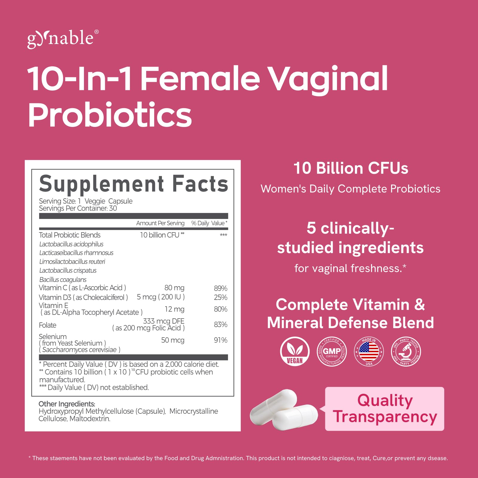 Gynable Vaginal Probiotics for Women Odor & Itch Support, Urinary | pH Balance, Female Probiotics 10 Billion CFU Lactobacillus Probiotics Blend,Selenium-Vitamin C/E/D3 Promote Immune Health, 30 Count