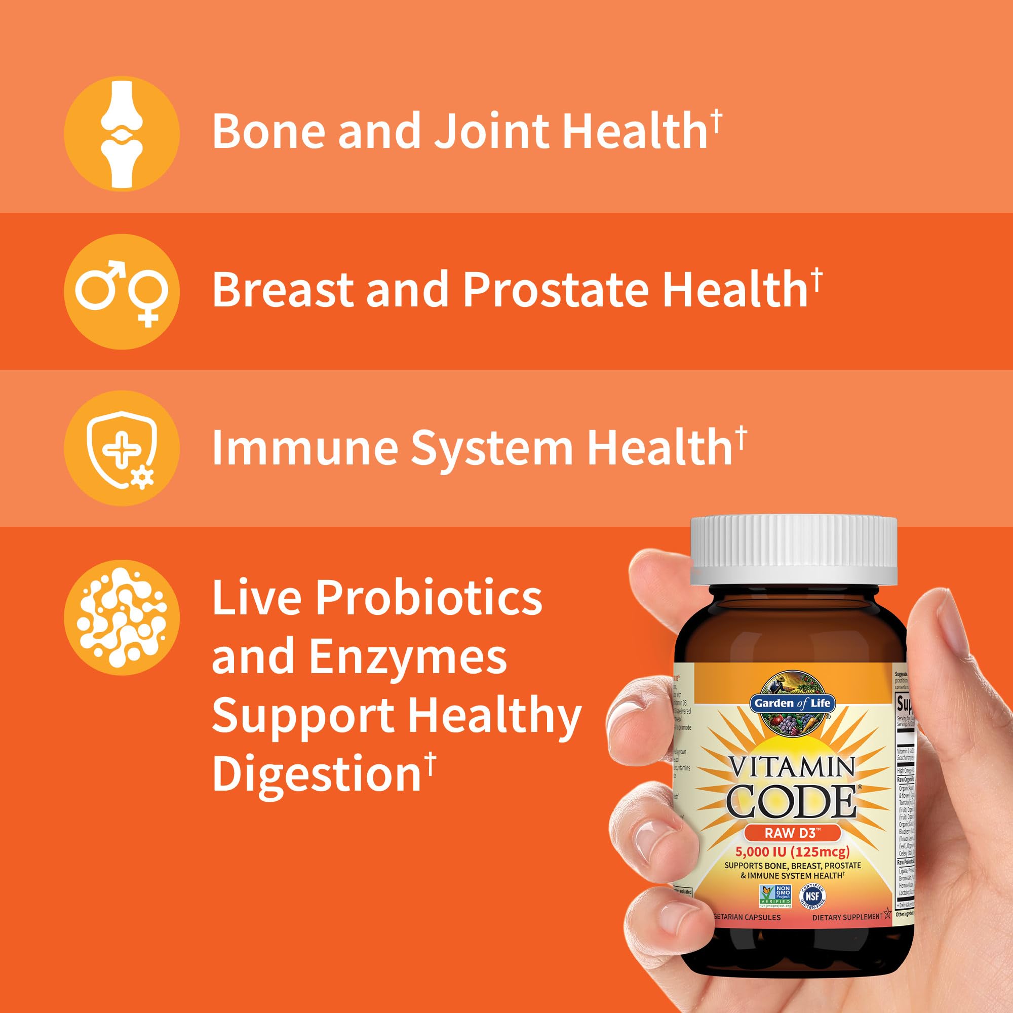 Garden Of Life D3 - Vitamin Code Whole Food Raw D3 Vitamin Supplement, 2000 Iu, Dairy and Gluten Free, Vegetarian, 120 Capsules D3 with Organic Green Cracked Wall Chlorella Plus Probiotics