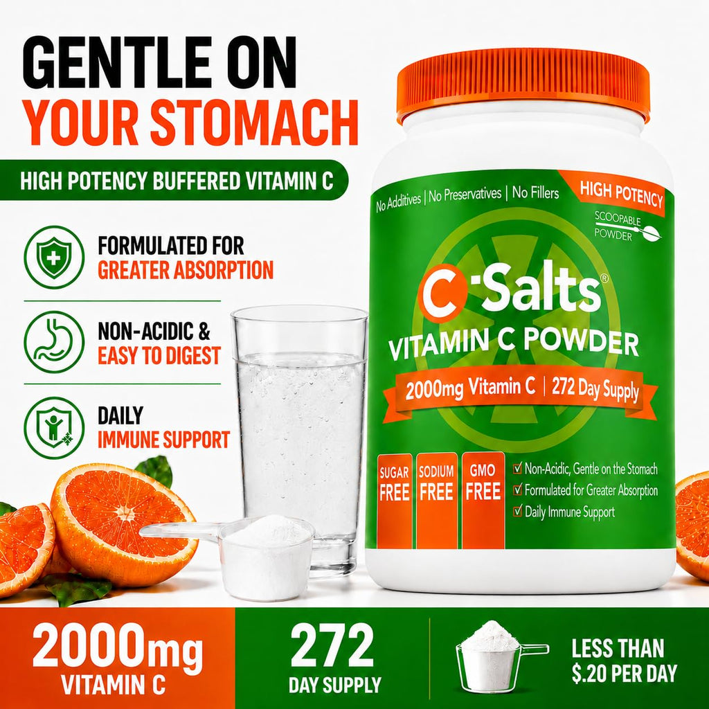 C-Salts Buffered Vitamin C Powder - Pure Organic, Stomach Friendly Ascorbic Acid VIT C Drink for Daily Immune Support & Collagen Production - Vegan Non GMO Sugar Free - 272 Servings Original, 26oz