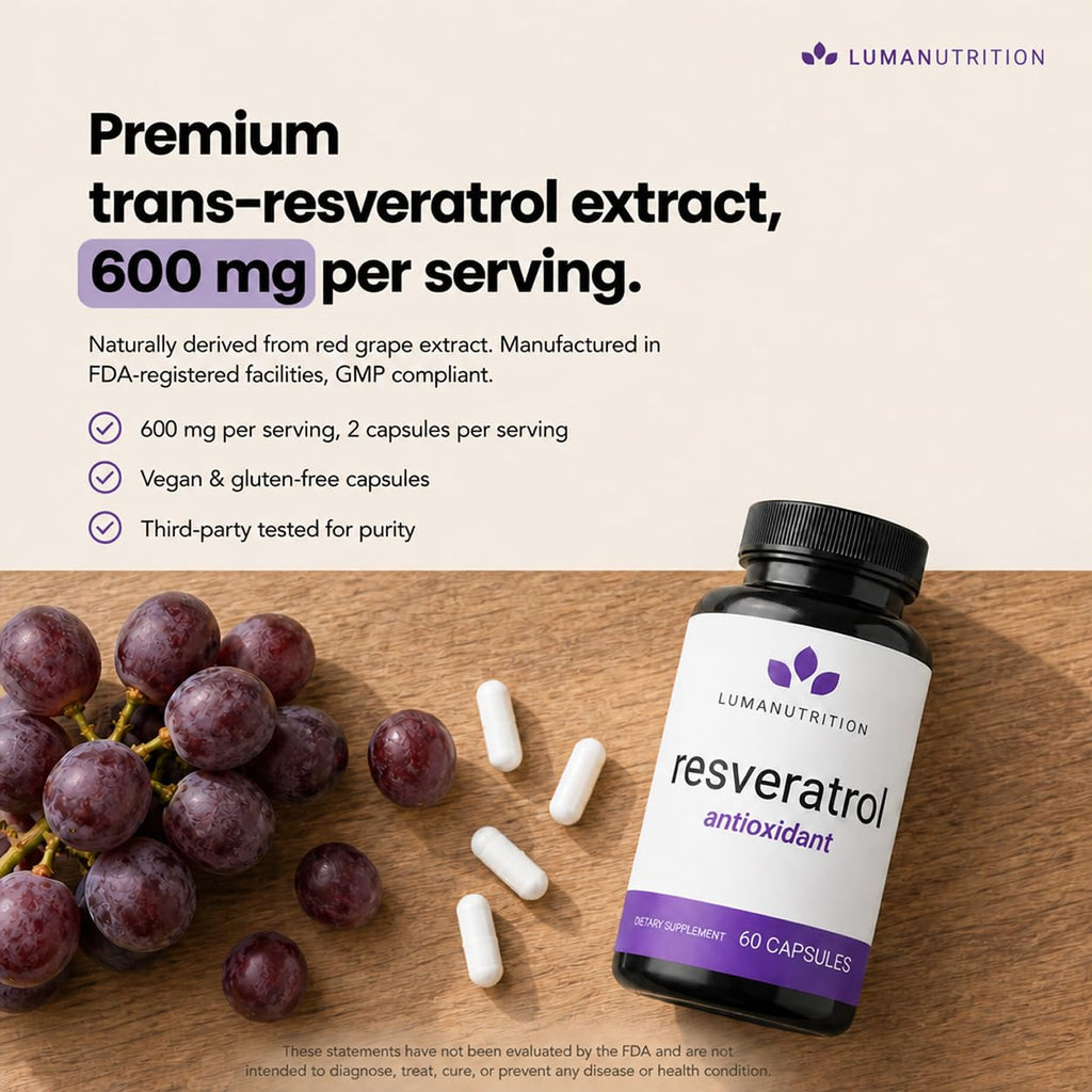 Luma Nutrition High Purity Resveratrol Supplement - 98% Trans-Resveratrol - Antioxidant - Resveratrol Capsules - Vegan & Gluten-Free - 60 Capsules