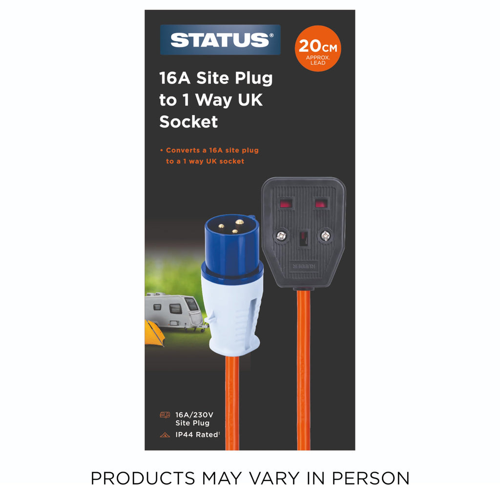 Status 16A Site Plug to 1 Way UK Socket, 20cm Adaptor Cable Perfect for Camping Caravan, Motorhome, Campervan, IP44, Weatherproof, 16APTUK1SCK1PK10