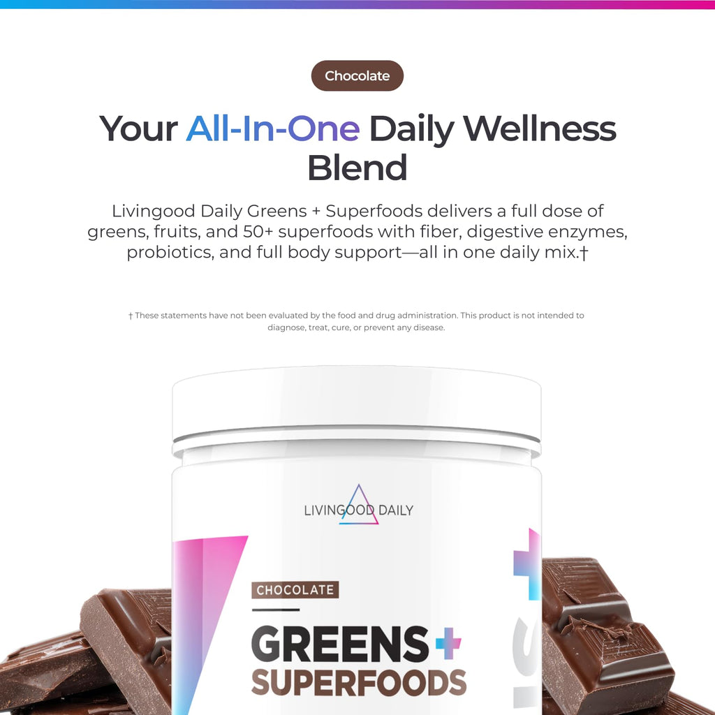 Livingood Daily Mixed Greens Powder, Chocolate, 30 Servings 8.78 Oz - 50in1 Green Juice Powder with Spirulina, Chlorella, Digestive Enzymes, Probiotics for Digestive Support, Gut Health - Made in USA