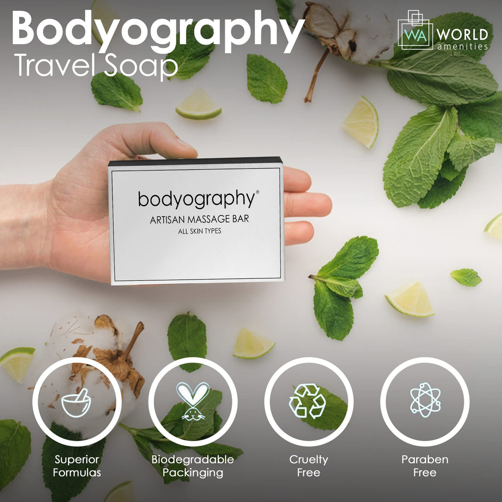 World Amenities - Bodyography Blanc- Bulk Artisan Massage Bar | 50 Count, 1.8 oz | Vanilla White Tea, Mini Travel Size Toiletries (100% Recyclable)| Individually Boxed Hotel Amenities.