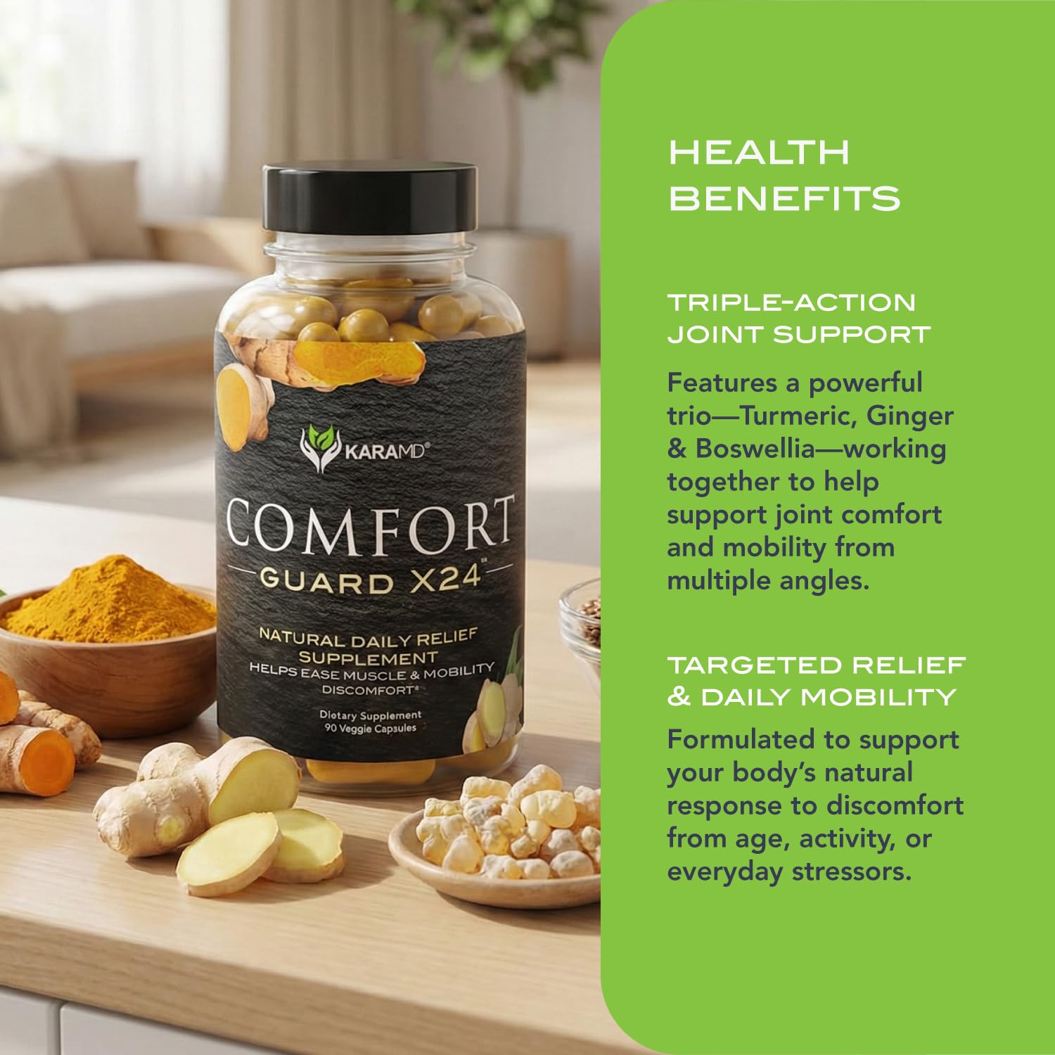 KaraMD Comfort Guard X24 | Joint & Movement Support Supplement | Turmeric Curcumin, Boswellia & Ginger | Ease Muscle Discomfort & Joint Stiffness | Non-GMO, Gluten Free & Vegan Friendly (30 Servings)