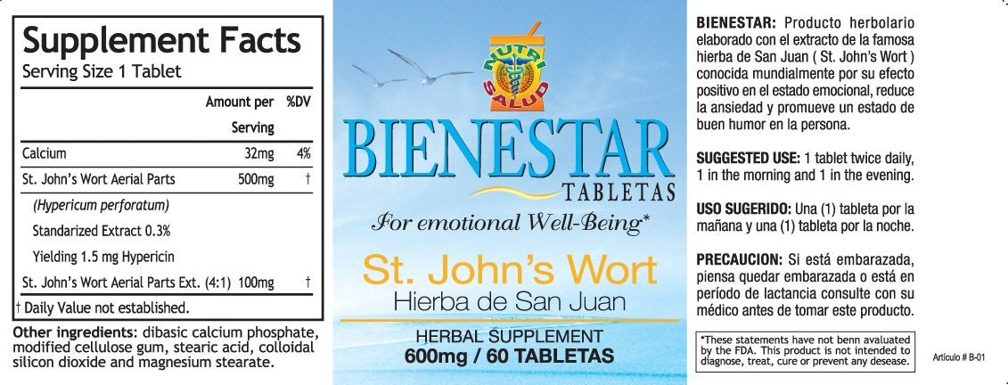Hierba de San Juan en tabletas. Set de 2 frascos con 60 tabletas c/u. Producto herbolario Natural, ayuda a Promover en la Persona un estado de alegría y entusiasmo.
