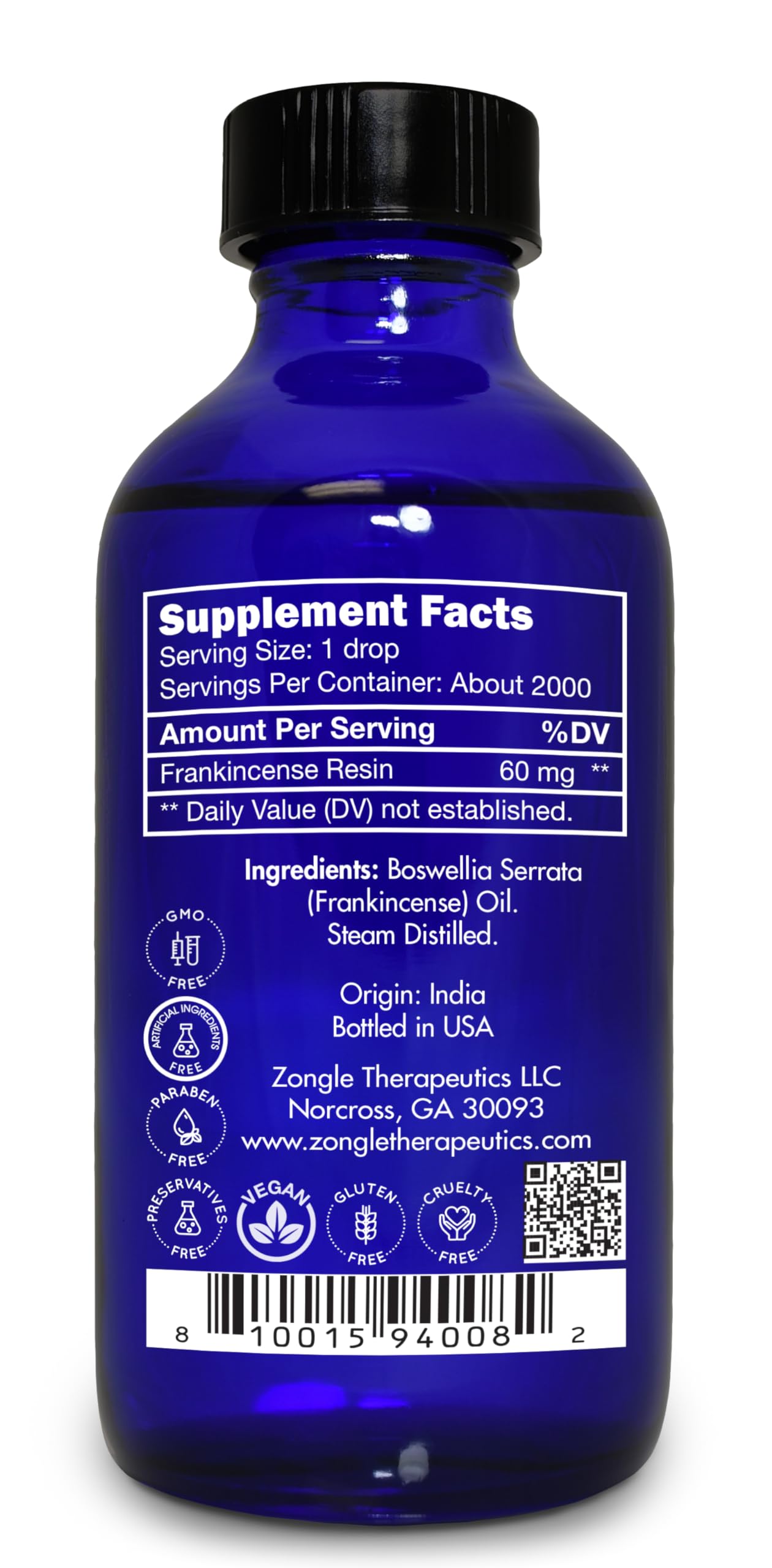 Frankincense Essential Oil, Food Grade, for Face, Dark Circles – 100% Pure, Frankincense, Resin, Oil, Boswellia Serrata, Edible, by Zongle Therapeutics, 4 OZ
