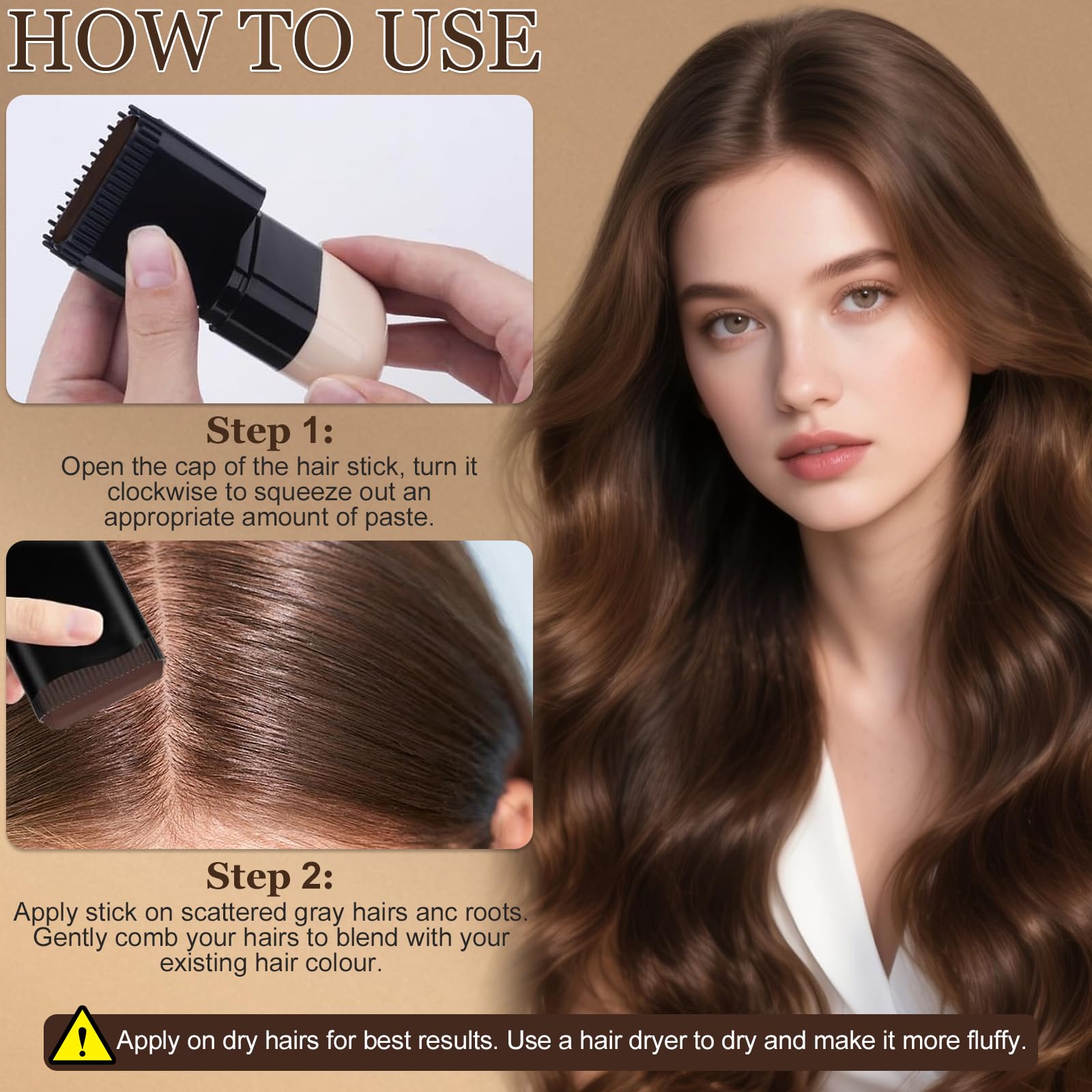 Hair Dye Comb, 2-in-1 Instant Hair Colour Stick with Built-In Comb, Waterproof & Sweat-proof, Portable Grey Hair Cover Up, Root Touch Up Dye Hair Concealer for Women & Men (Dark Brwon)