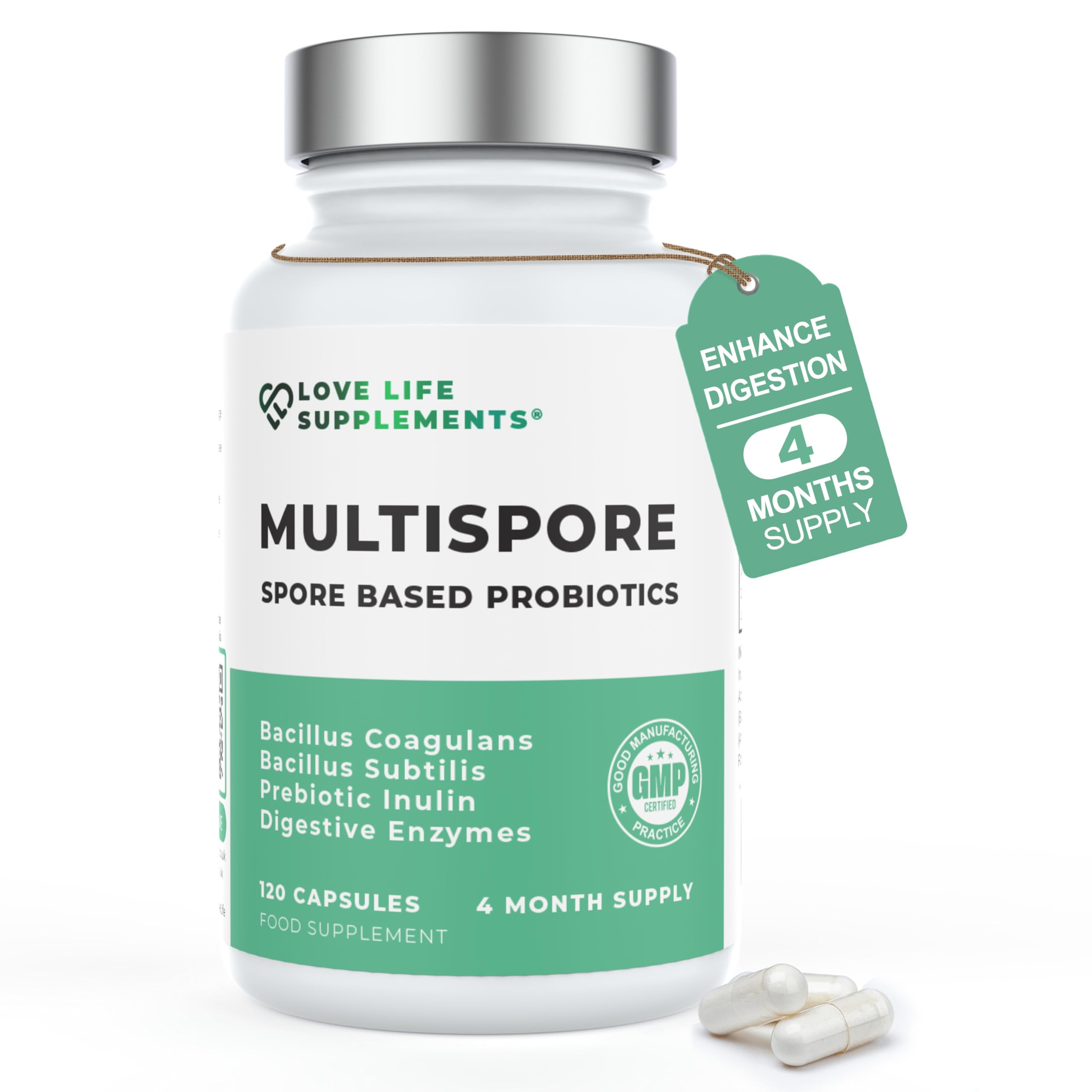MultiSpore® Plus Probiotics, 120 Capsules, 4 Month Supply, Bacillus Coagulans Bacillus Subtilis, Spore-Based, Digestive Enzymes, Prebiotic Inulin, Vegan, Gut Balance, Love Life Supplements