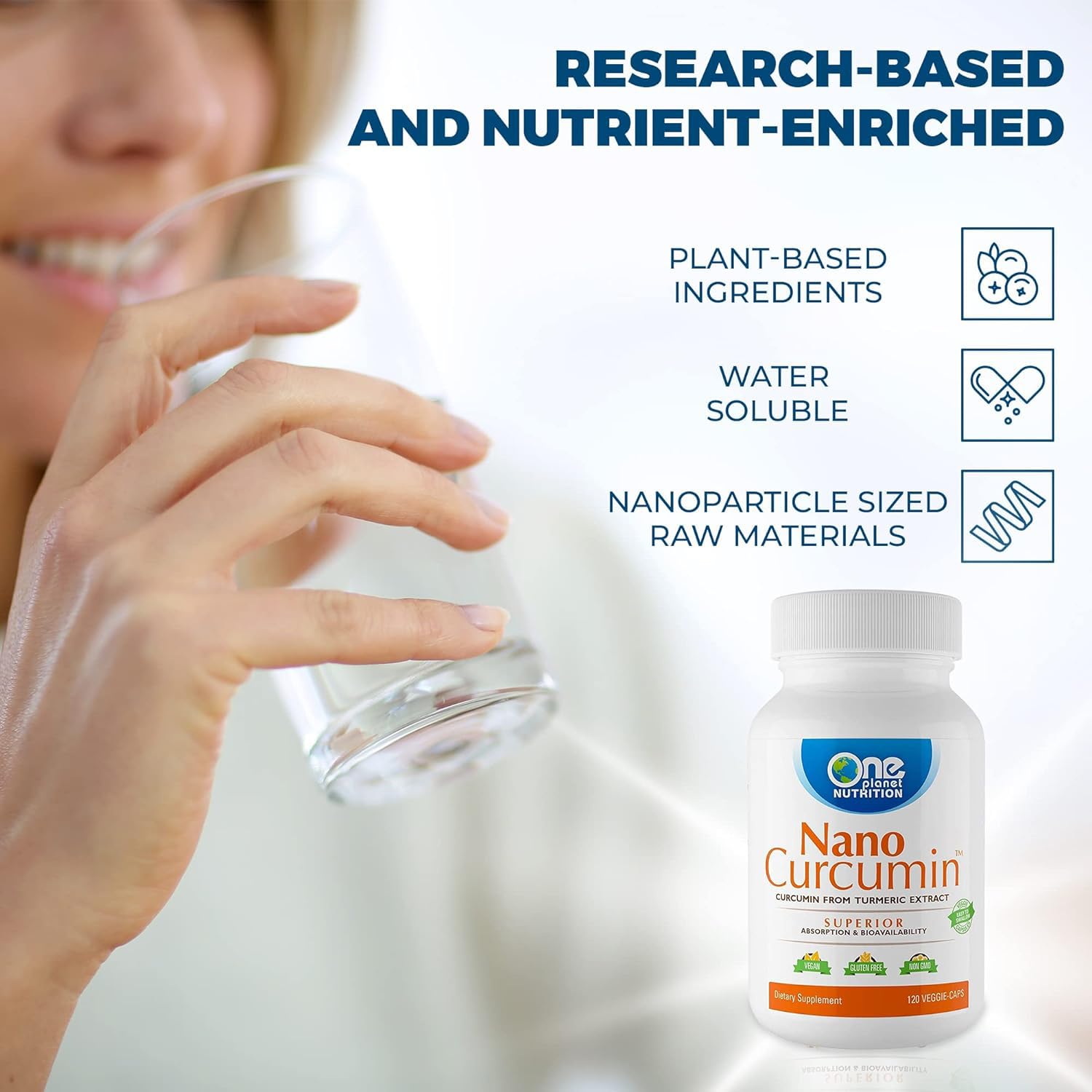 One Planet Nutrition Nano Curcumin 500 mg Veggie Capsules (120 Servings), Nano for High Absorption, Supports Immune Health, Non-GMO, Vegan, Gluten-Free