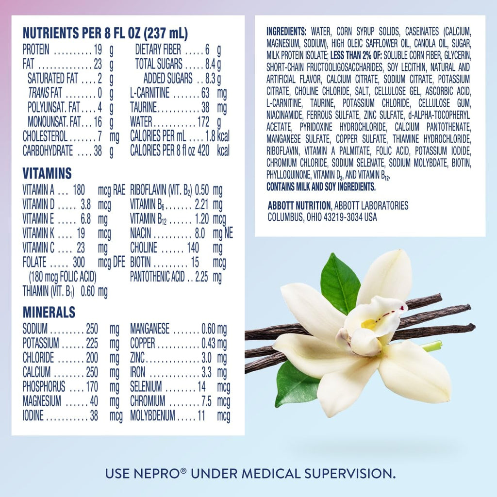Nepro Nutrition Shake for People on Dialysis, 19g Protein, 420 Calories, Vanilla Tetra, 8 fl oz, Pack of 24