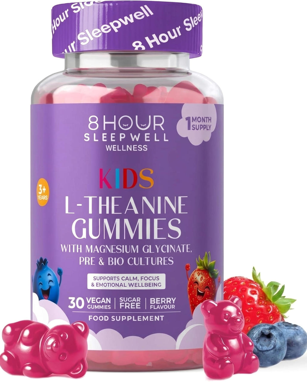 Kids L Theanine Gummies – 50mg with Magnesium Glycinate & Prebiotics to Improve Kids Concentration & Focus | Sugar-Free, Vegan & Chewable | Ages 3+ | Berry Flavour | 1 Month Supply