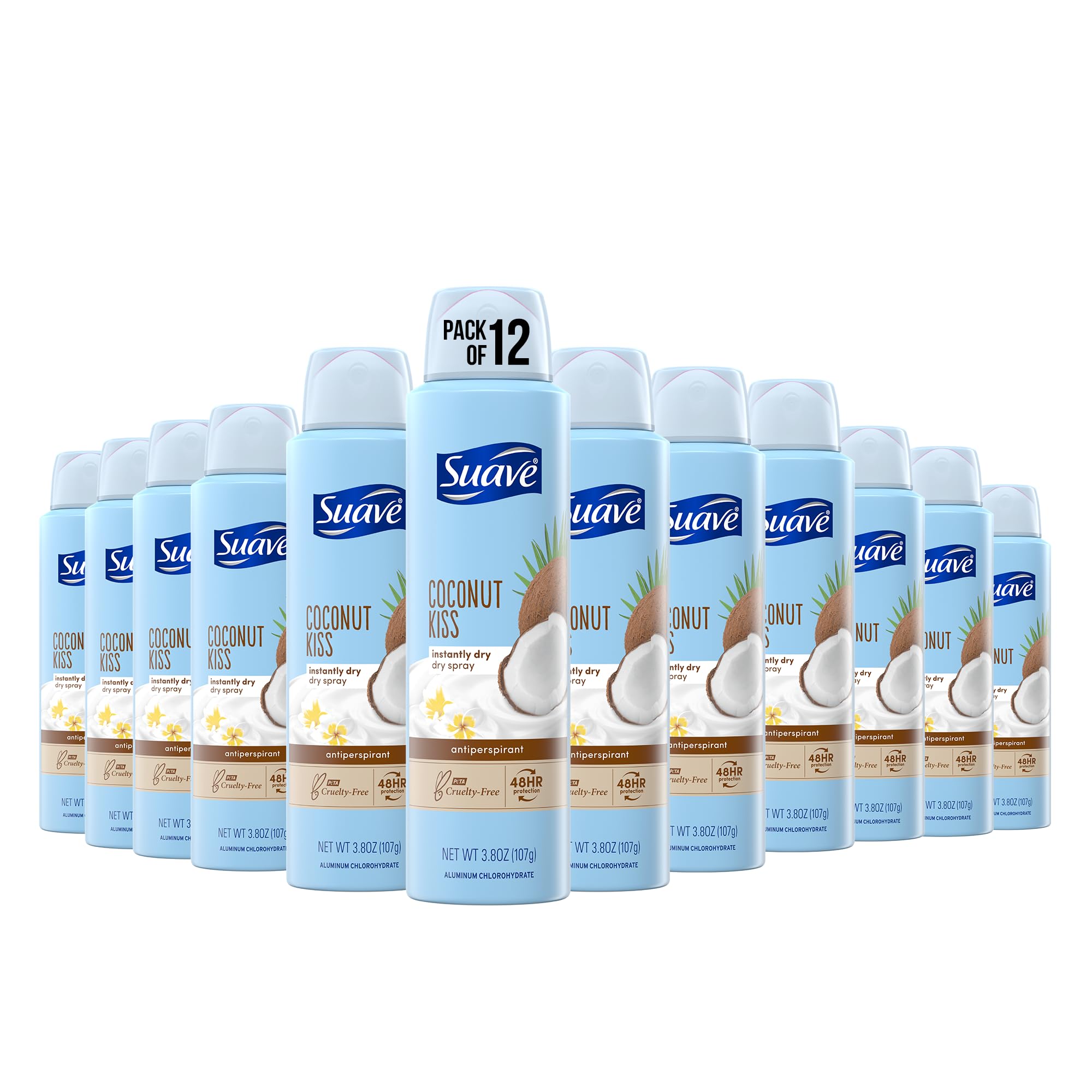Suave Spray Deodorant Woman, Coconut Kiss deodorant women spray, Antiperspirant, 48-Hour Odor & Wetness Protection, 3.8 Oz (Pack 12)