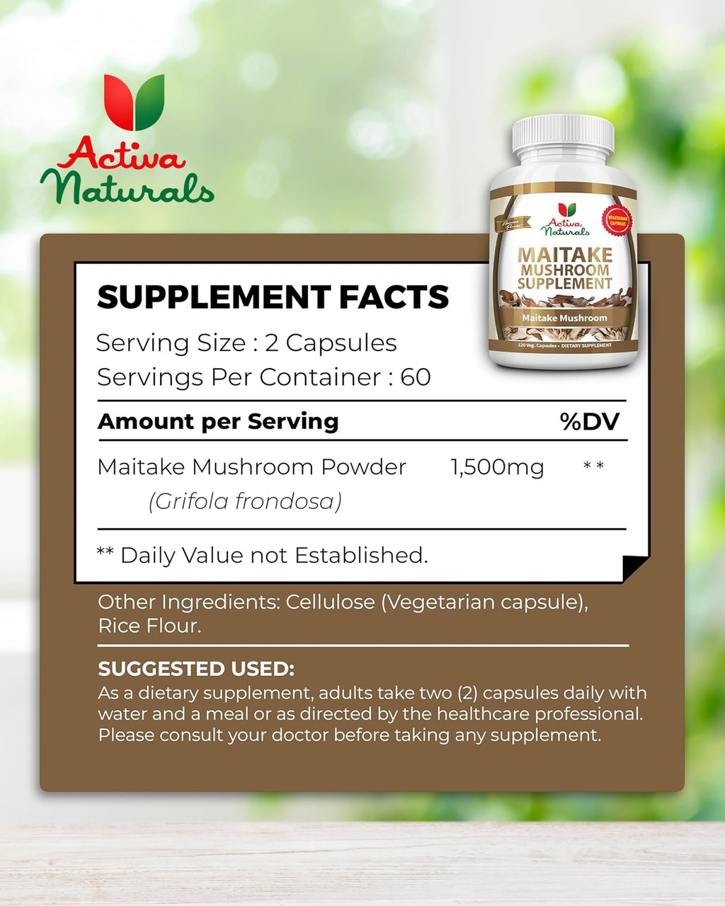 Maitake Mushroom Supplement - 1500mg, 120 Vegetarian Capsules with Grifola Frondosa Extract, Supports Energy, Vitality, and Wellness, No Fillers, Additives, or Artificial Colors or Chemicals.