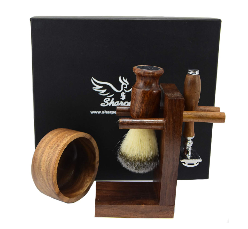 Safety Razor Shaving Kit, Double Edge Razor Blades,Hair shaving Brush wood Handle, Wood Shaving Bowl And Shaving Stand Kit, Wet Shave Grooming Set for Men Best shaving set Gift For Gentleman