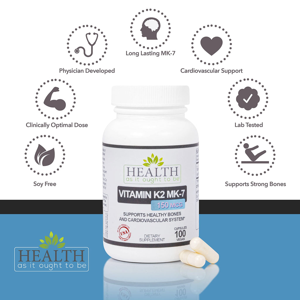 Health As It Ought To Be Vitamin K2 MK-7 150 mcg Supplement – Supports Bone and Cardiovascular Health – Soy-Free, Works with Vitamin D3 – 100 Capsules