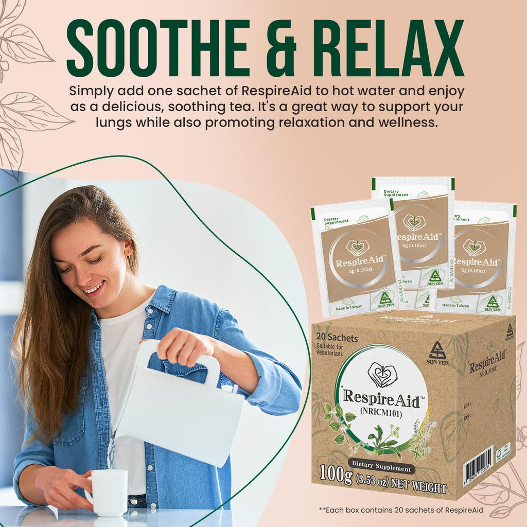 Sun Ten RespireAid™ All-Natural Lung Cleanse & Detox. Contains Natural Herbal Properties to Support Healthy Lung Function & Breathing. 100g (20 sachets); 5g per Sachet