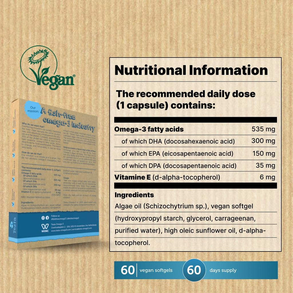 Vegan Omega 3 Supplement - High Strength 300mg DHA + 150mg EPA per Capsule - 1 Capsule a Day - Supports Heart, Brain, Joint Health - Plant-Based Omega 3 from Algae Oil - 2 Months Supply