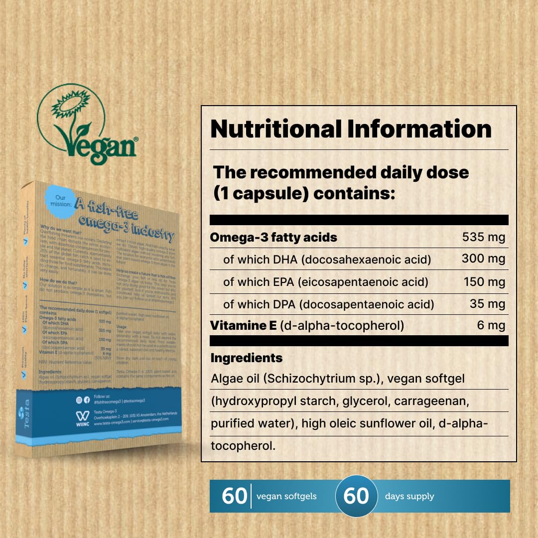 Vegan Omega 3 Supplement - High Strength 300mg DHA + 150mg EPA per Capsule - 1 Capsule a Day - Supports Heart, Brain, Joint Health - Plant-Based Omega 3 from Algae Oil - 2 Months Supply