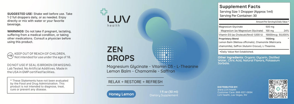 LUV Zen Drops: Anxiety and Stress Support Drops with Magnesium Glycinate, Vitamin D3, Lemon Balm, Chamomile, Saffron, L-Theanine. Keto, Vegan, USA Made, Non-GMO, 30 Servings (1)