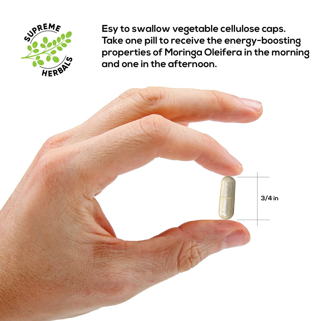 SUPREME HERBALS, 100% Raw and Pure Moringa Leaf Powder Capsules. Organic Certified Moringa Leaf. Natural Superfood with Essential Amino Acids, Antioxidants and Omega 3, 500mg, 120 Capsules.