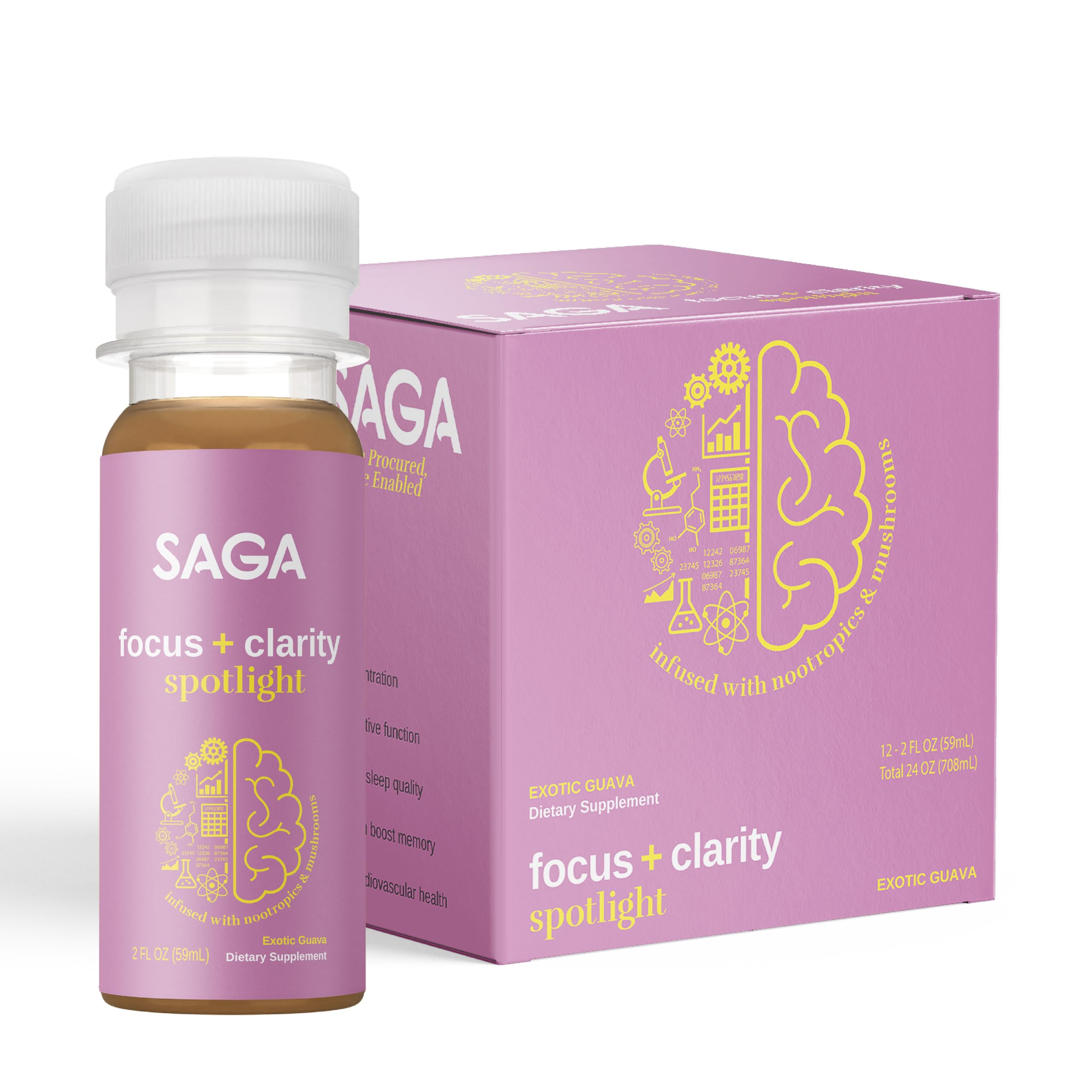 SAGA Spotlight Organic Focus Shots | Nootropic Shots with Bacopa, Ashwagandha & Lion’s Mane | Zero Sugar, 2 Calories, Travel Size | Natural Energy & Focus Supplement for Brain Boost | Exotic Guava