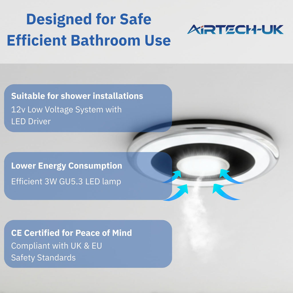 AirTech- UK Air Vent with LED Light and Transformer 4 inches 3W with Chrome & White Grille Fits 100mm /4 inch Ducting Bathroom Shower Air Vent with Light
