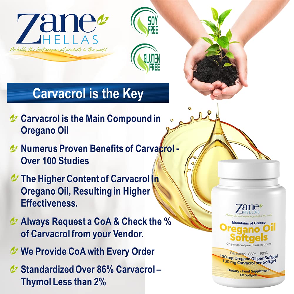 Zane Oregano Oil Softgels, 30% Oregano Oil, 130mg Carvacrol, 60 Softgels