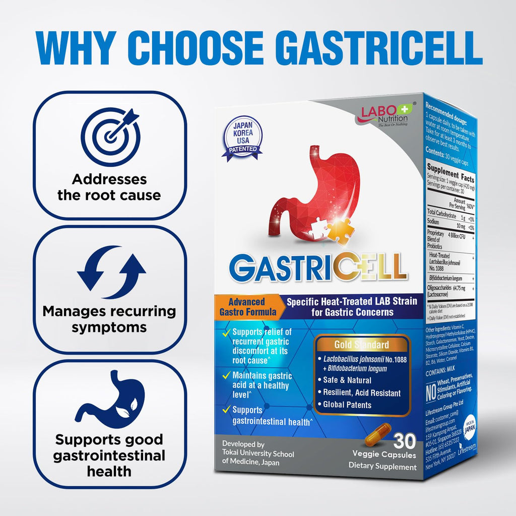 LABO Nutrition GASTRICELL Postbiotic Formula with Patented Lactobacillus johnsonii No. 1088 & Bifidobacterium longum for Digestive Health and Gut Microbiome Support – 30 Capsules