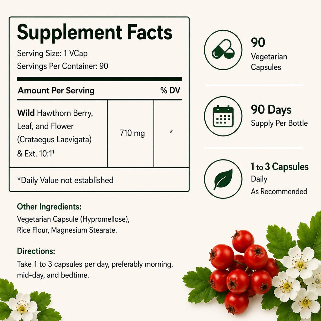 Green Organic Supplements Hawthorn Berry Capsules, Leaf, Flower, Hawthorn Supplements Contains 90 Capsules, Natural Hawthorn Herbs for Cardiovascular Health & Natural Heart Care (Pack of 2)