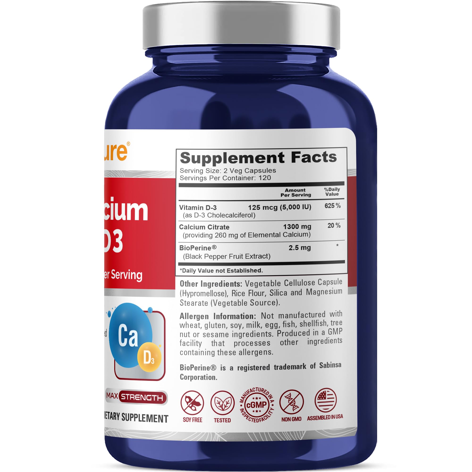 NusaPure Super Calcium with Vitamin D 3 & Calcium Citrate - Suitable for Vegetarian/Vegan, Non - GMO - 1300mg - 240 Capsules