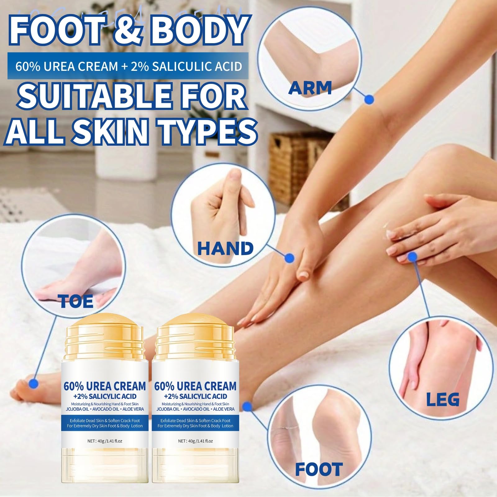 60% Urea Cream - Urea Cream 60 Percent for Feet - Cracked Heel Repair Cream - Ure_a Foot Cream Stick Plus 2% Salicylic Acid For Calluses - Foot Crea_m For Cracked Heels And Dry Skin 1pc