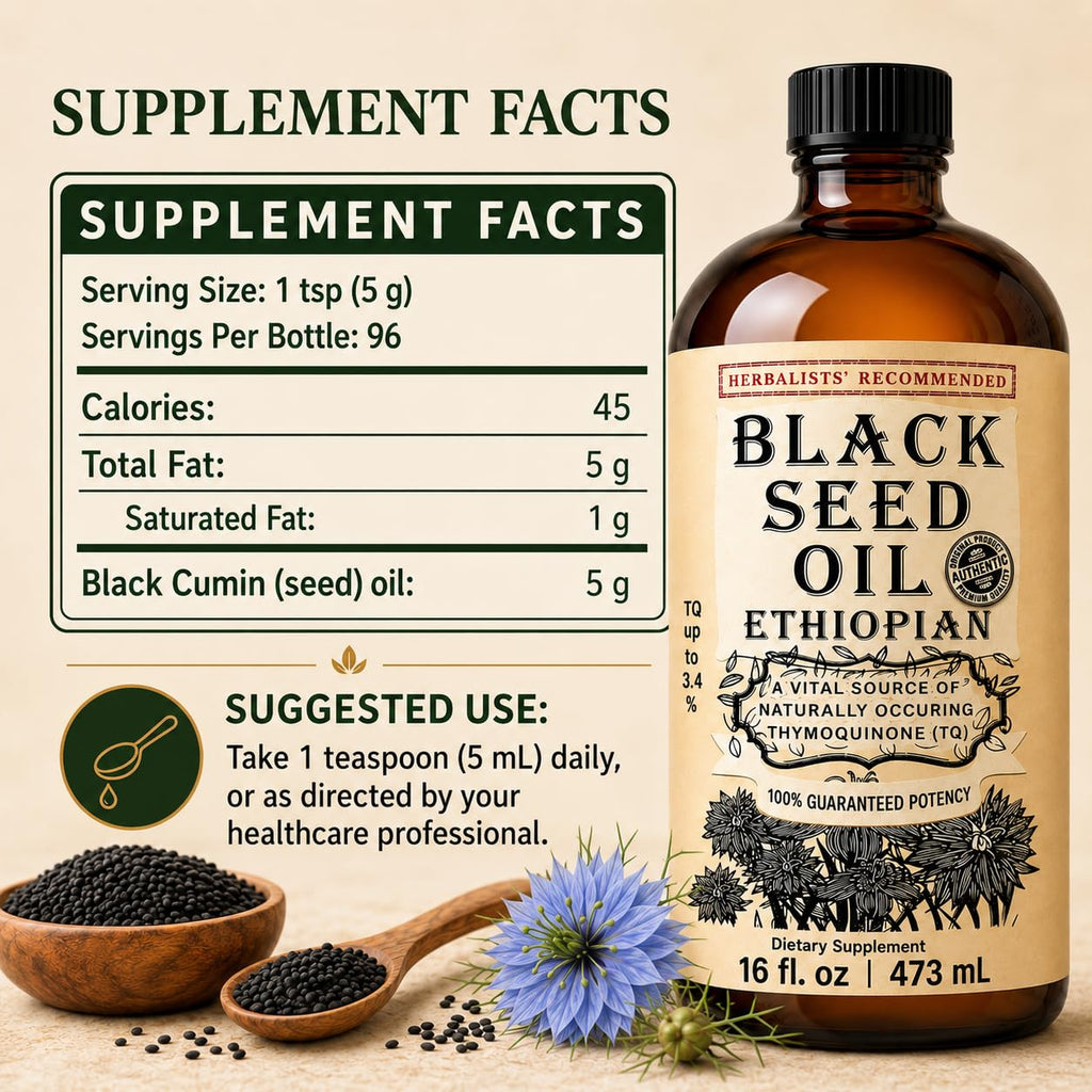 Ethiopian Black Seed Oil 16 oz – Cold-Pressed Nigella Sativa, High Thymoquinone 3.45%, Black Cumin Seed Oil Liquid, 100% Pure Unrefined, Immune Skin Hair & Digestive Support