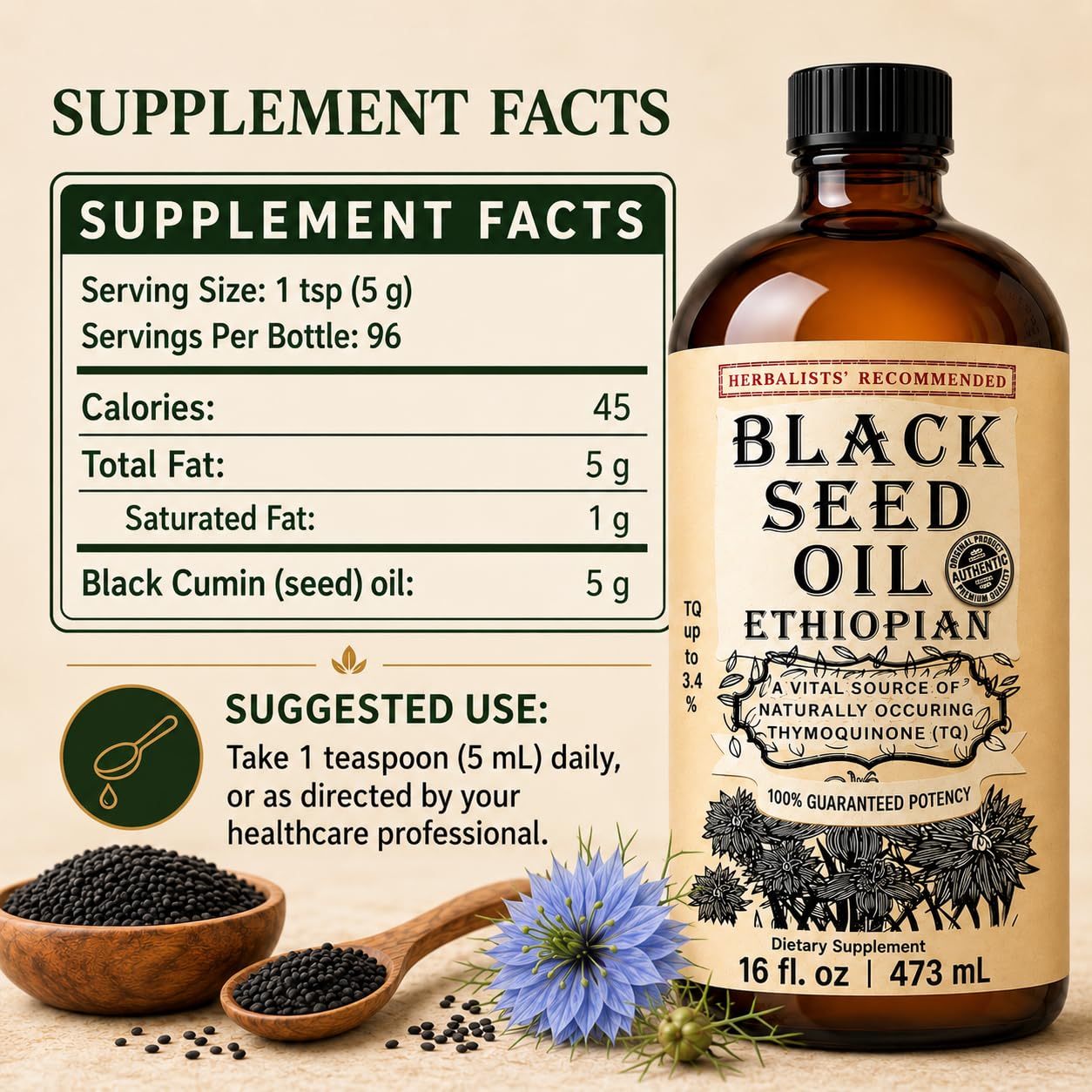 Ethiopian Black Seed Oil 16 oz – Cold-Pressed Nigella Sativa, High Thymoquinone 3.45%, Black Cumin Seed Oil Liquid, 100% Pure Unrefined, Immune Skin Hair & Digestive Support