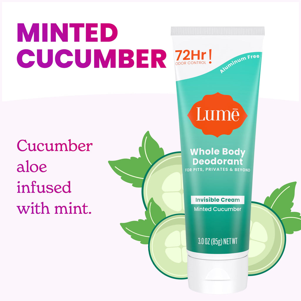 Lume Whole Body Deodorant - Invisible Cream Tube - 72 Hour Odor Control - Aluminum Free, Baking Soda Free, Skin Safe - 3.0 ounce (Pack of 2) (Minted Cucumber)
