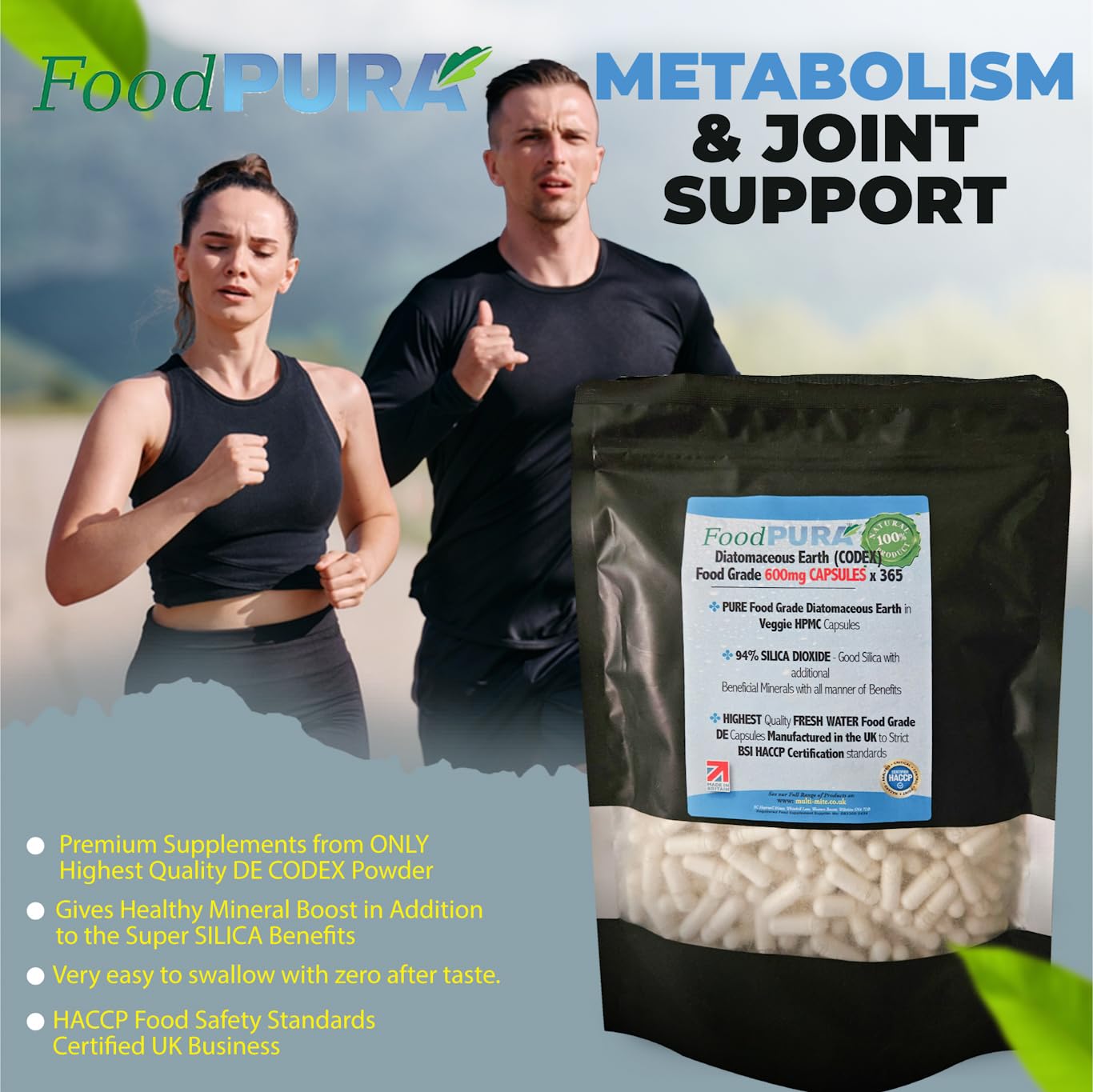 FoodPURA 365 X Food Grade Diatomaceous Earth Capsules (Codex) Pure White 94% Silica Fresh Water Sourced 600mg - Capsules, The SAFEST Way to take Supplements!