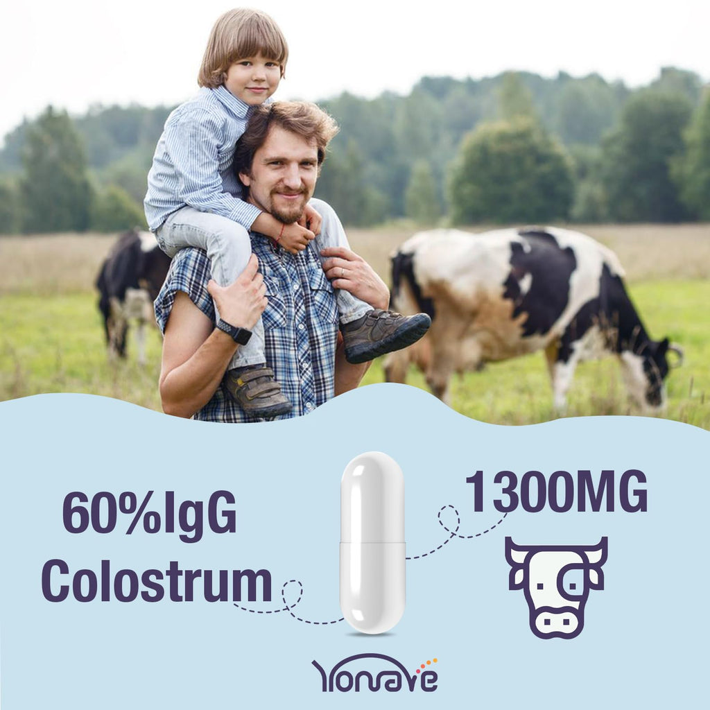 Yonrave Bovine Colostrum Capsules Supplement 1300mg - Extra High 60% IgG Bovine Colostrum - Gut, Bone, Exercise, Immune - 120 Capsules