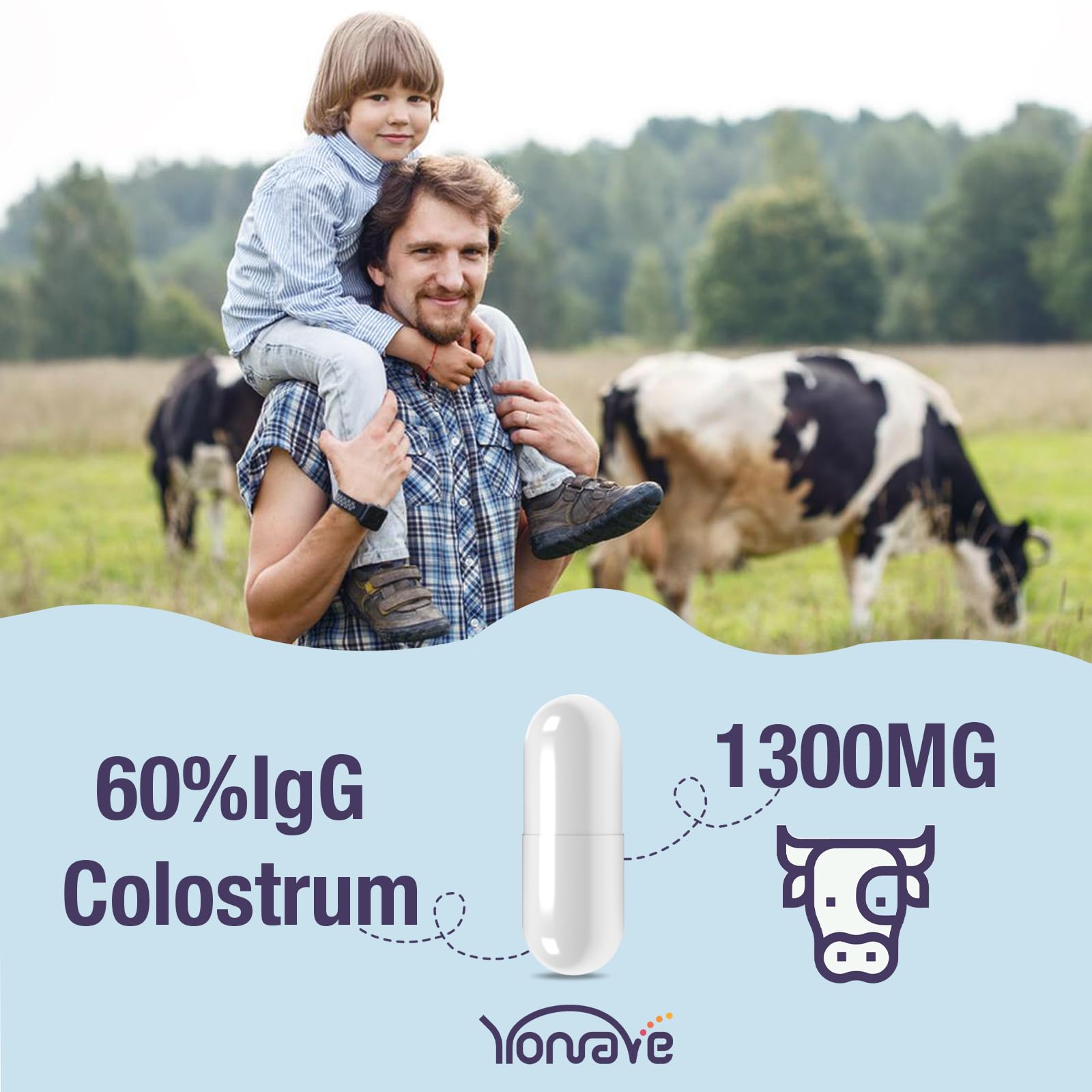 Yonrave Bovine Colostrum Capsules Supplement 1300mg - Extra High 60% IgG Bovine Colostrum - Gut, Bone, Exercise, Immune - 120 Capsules