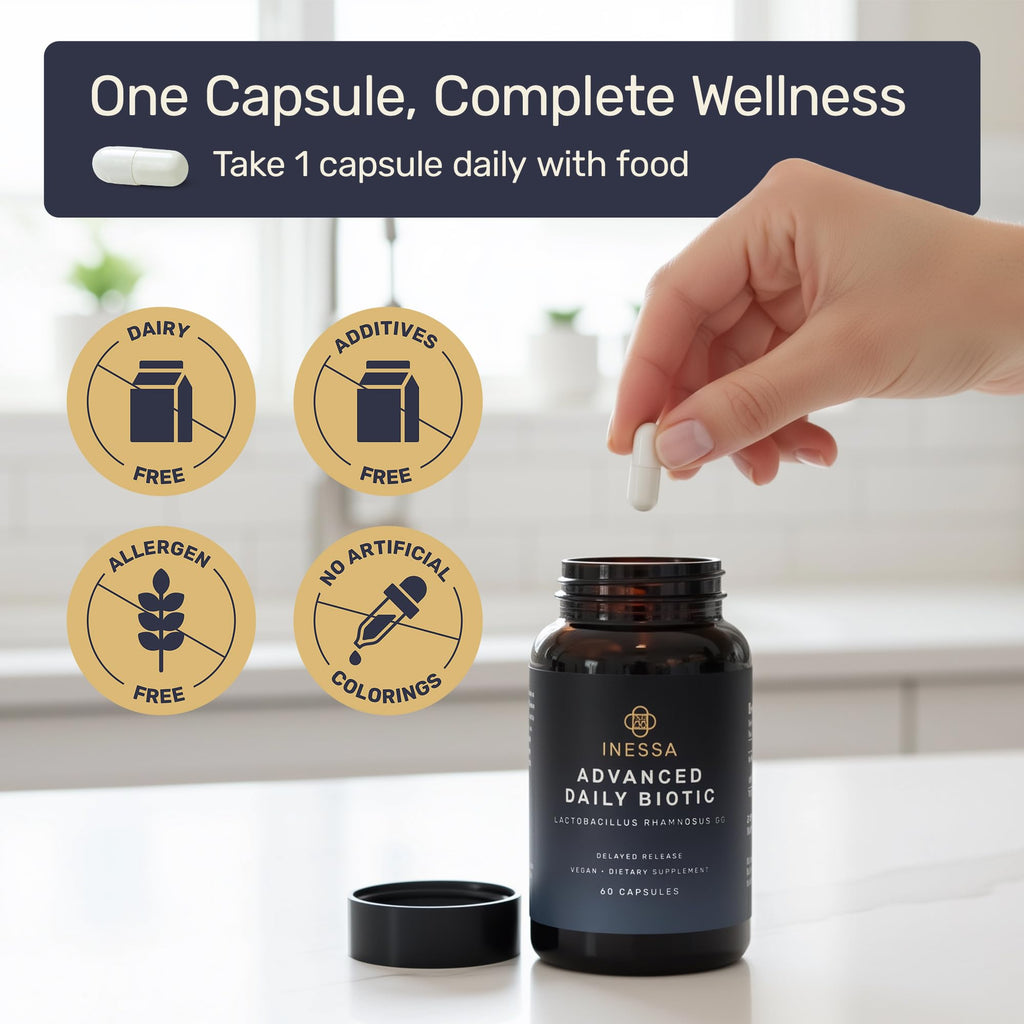 Inessa Daily Biotic - Probiotics for Women Digestive Health with Delayed Release Technology - Advanced Probiotic with 10 Billion CFU - Lactobacillus Rhamnosus Strain 60 Vegan Capsules for Men & Women