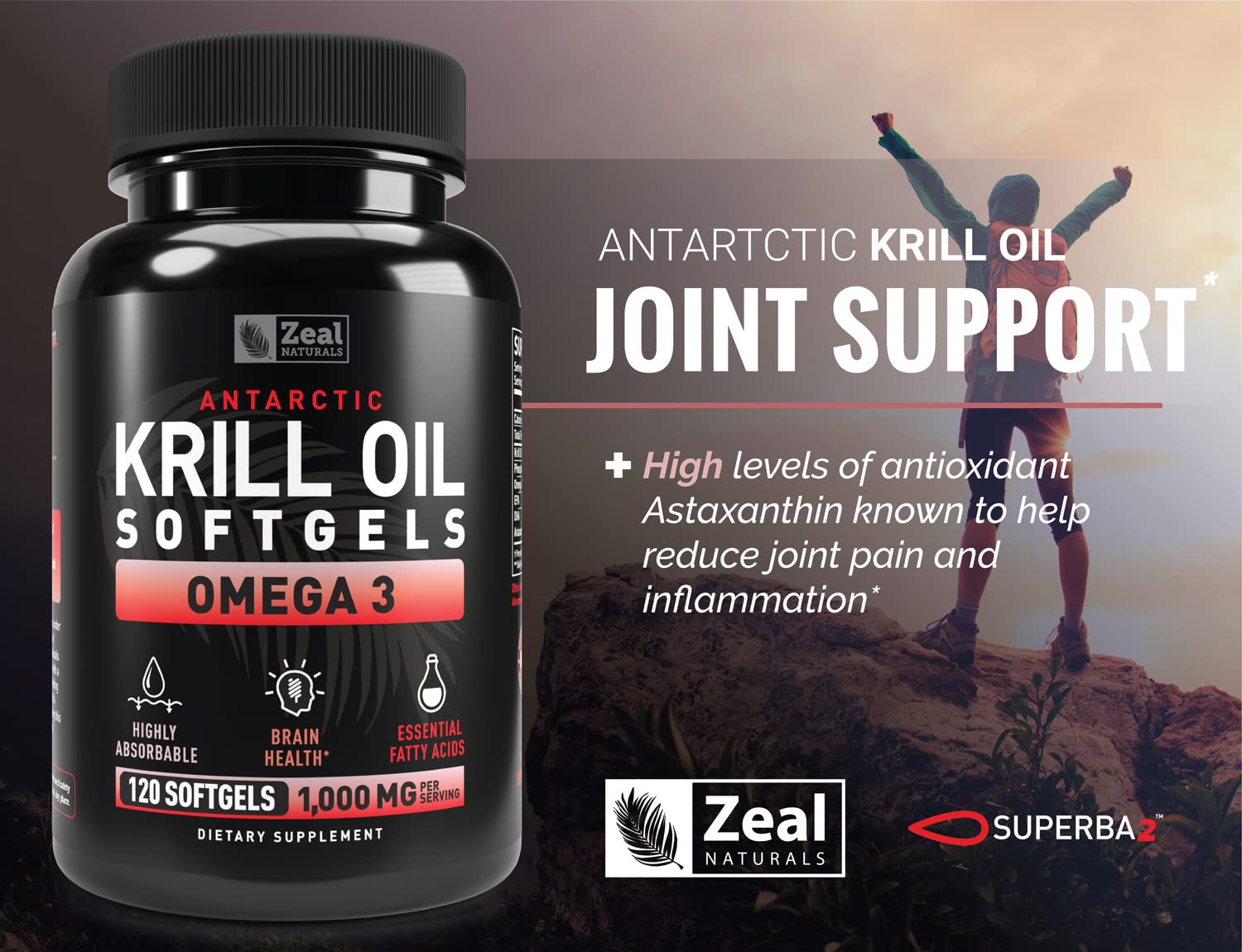 Antarctic Krill Oil 1000mg (120 Softgels) Omega 3 Fish Oil Supplement with EPA, DHA & Astaxanthin - for Joint, Brain, and, Heart Support for Men and Women