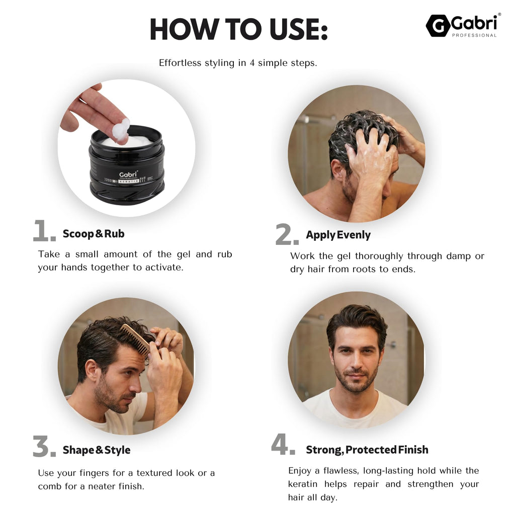Gabri Hair Styling Gel, Firm Hold Styling Hair Gels, High Gloss, Anti-Frizz Effect, Edge Control, For All Hair Types (250 g (1 Pack), Keratin)