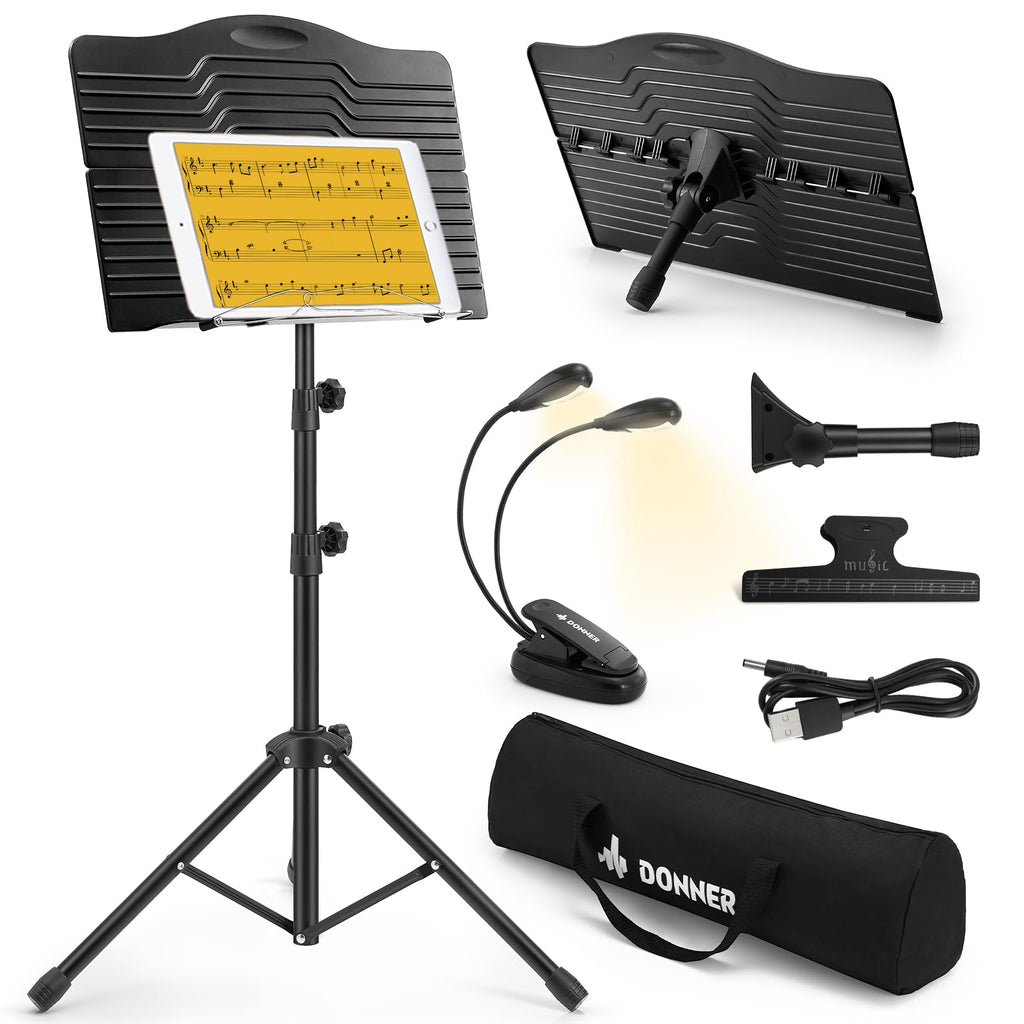 Donner Sheet Music Stand with Light Foldable Travel Metal Stand Adjustable DMS-1 with Carrying Bag, and Clip Holder, Portable Projector Stand, Laptop Stand, Music Folder