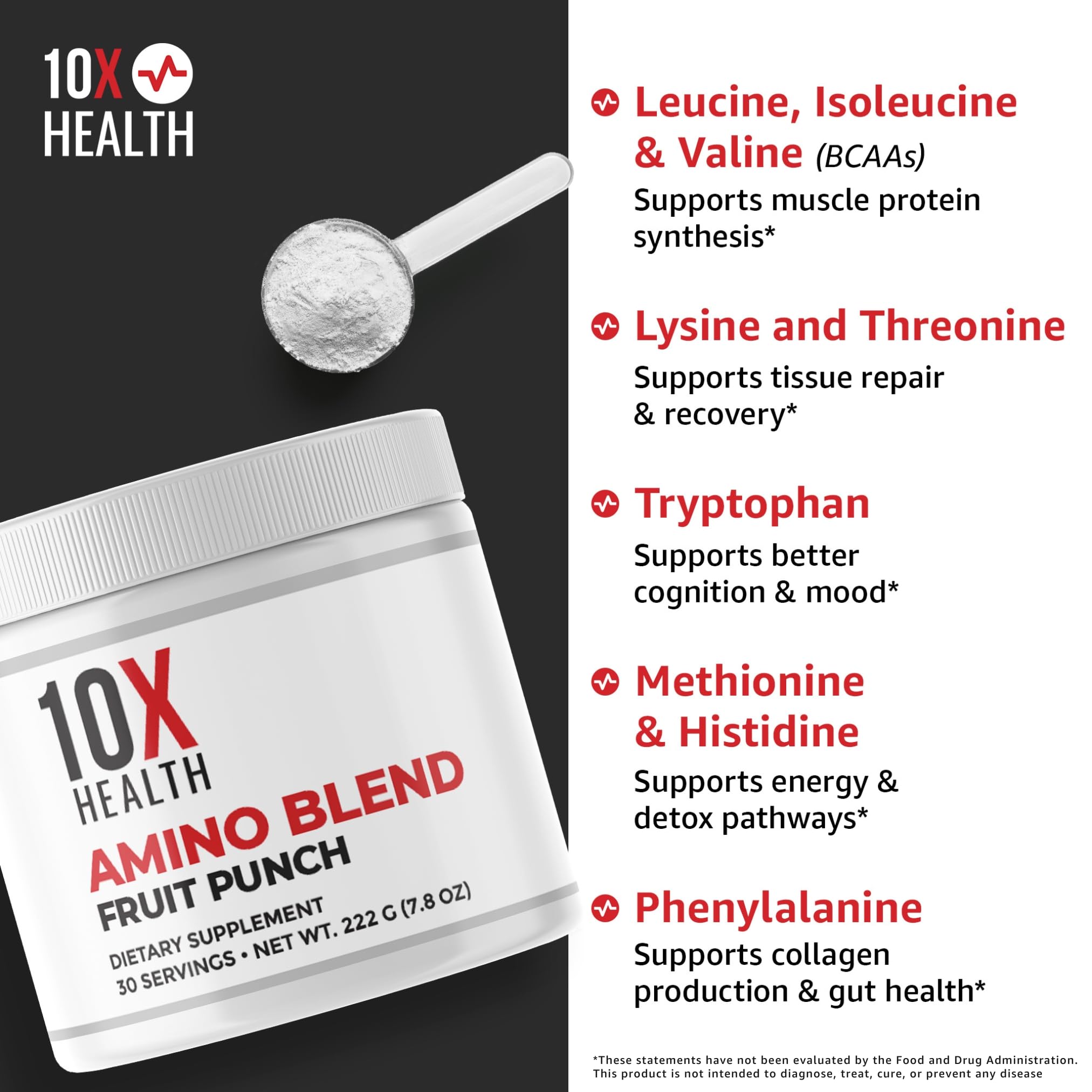 10X Health Amino Acids - 30 Servings of EAA & BCAA Powder, Pre Workout BCAA with Essential Amino Acids Supplement - BCAAs & EAAs for Longevity, Muscle Support, Strength, Energy - Fruit Punch