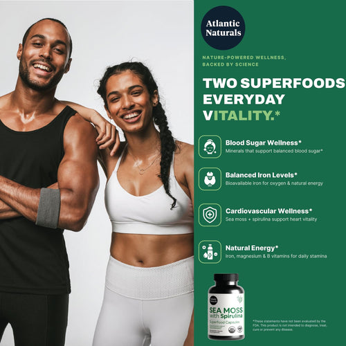 Atlantic Naturals Sea Moss with Spirulina Superfood Capsules - Multivitamin Supplement Supports Healthy Iron and Immune Health, Alternative to Seamoss Gel and Powder - Irish Sea Moss Capsules (120 ct)