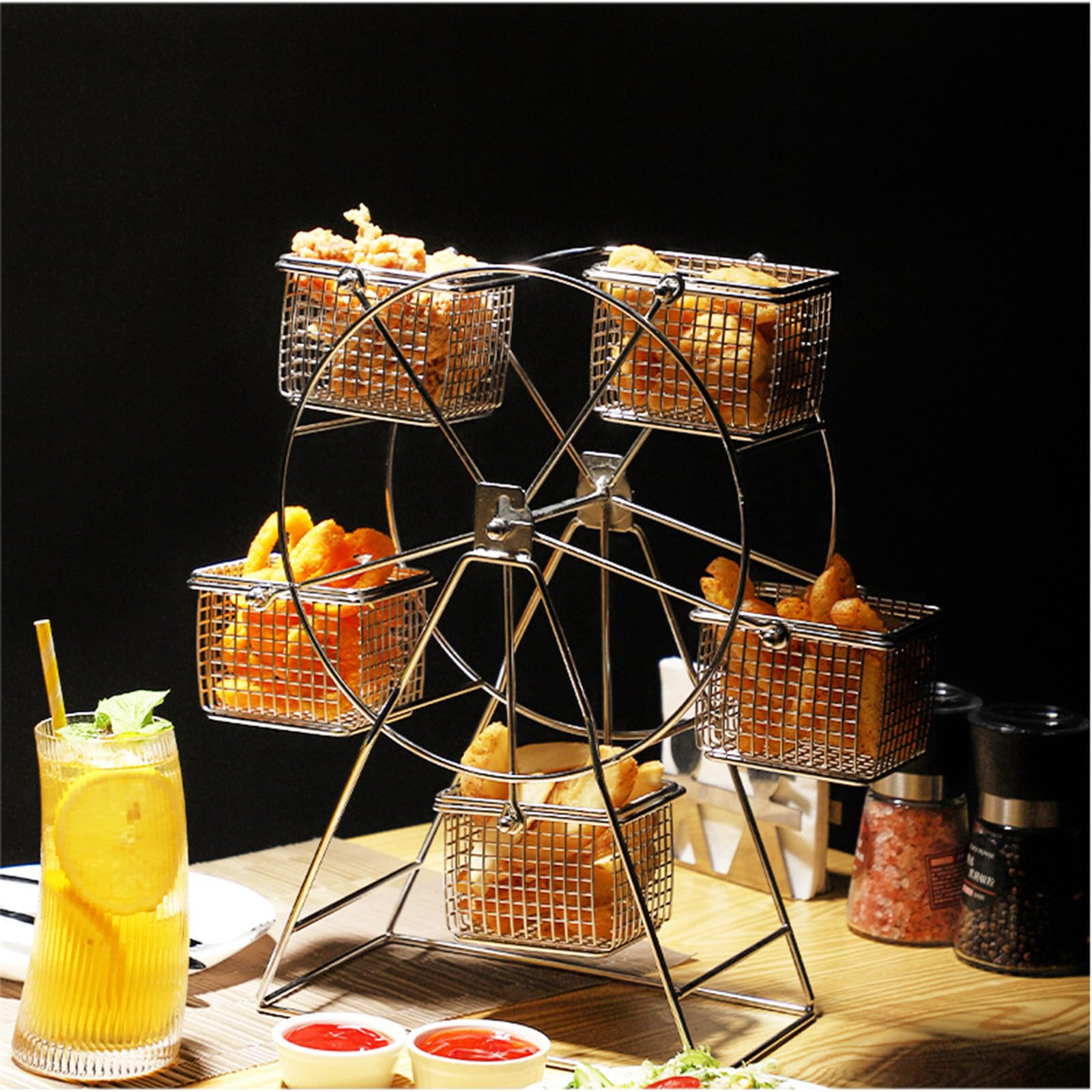 ASkinds Ferris Wheel Rotating Snack Serving Tray for French Fries, Fried Chicken, Dessert Carrier, Fried Food Display Stand for Carnival and Circus Theme Party Wedding Party Furnishing(Silvery)