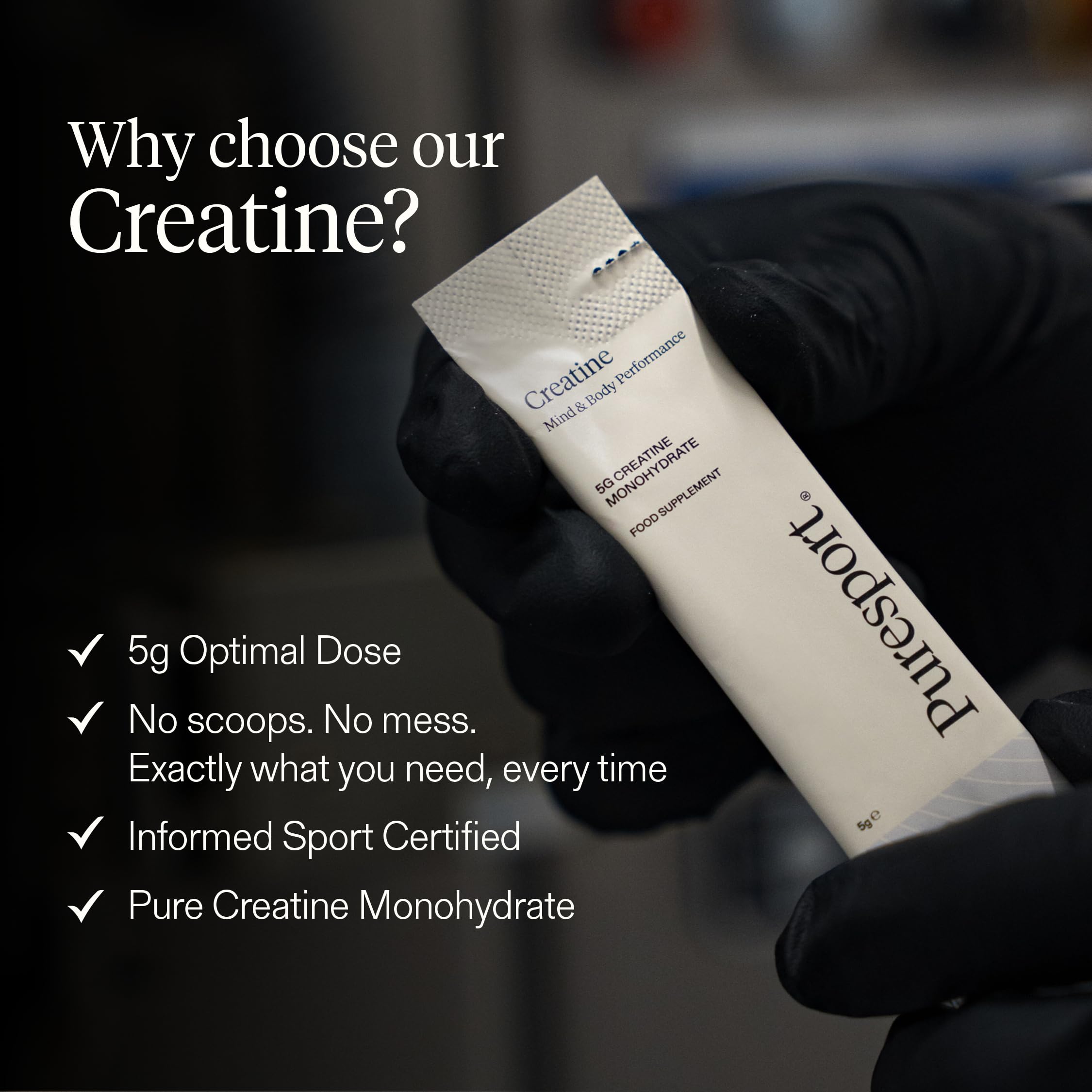 Puresport Creatine Monohydrate Powder (30 Sachets), 5g Micronised Unflavoured Creatine Supplement for Women & Men, Improves Strength & Recovery, Informed Sport Certified, Travel-Friendy
