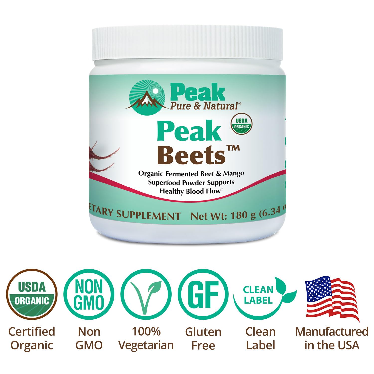 Peak Pure & Natural Peak Organic Fermented Beets - Organic Fermented Beet Powder Superfood Drink Powder - Nitric Oxide Supplement Support for Normal Blood Pressure
