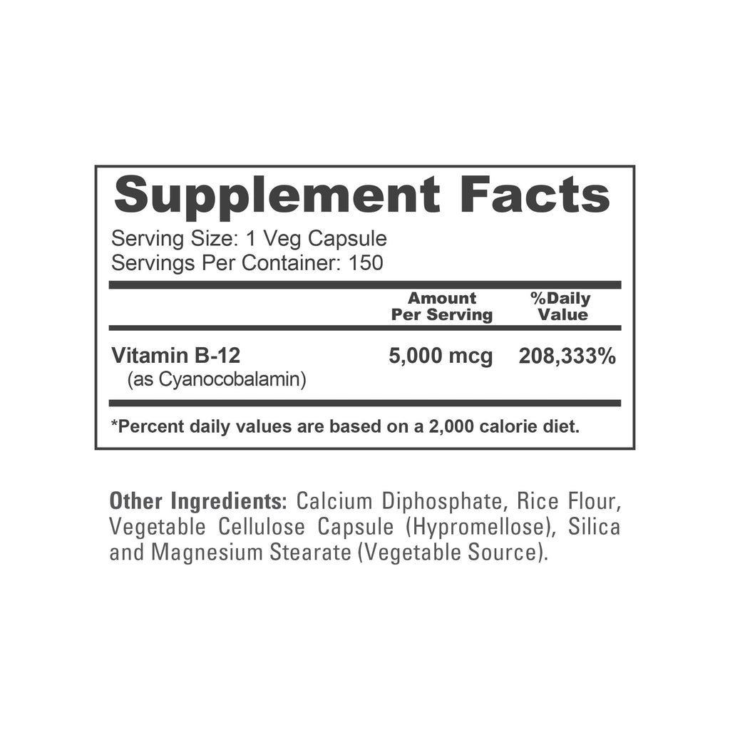 NusaPure Vitamin B12-5000 MCG 150 Veggie Capsules (Non-GMO, Vegan) - Max Strength Vitamin B12